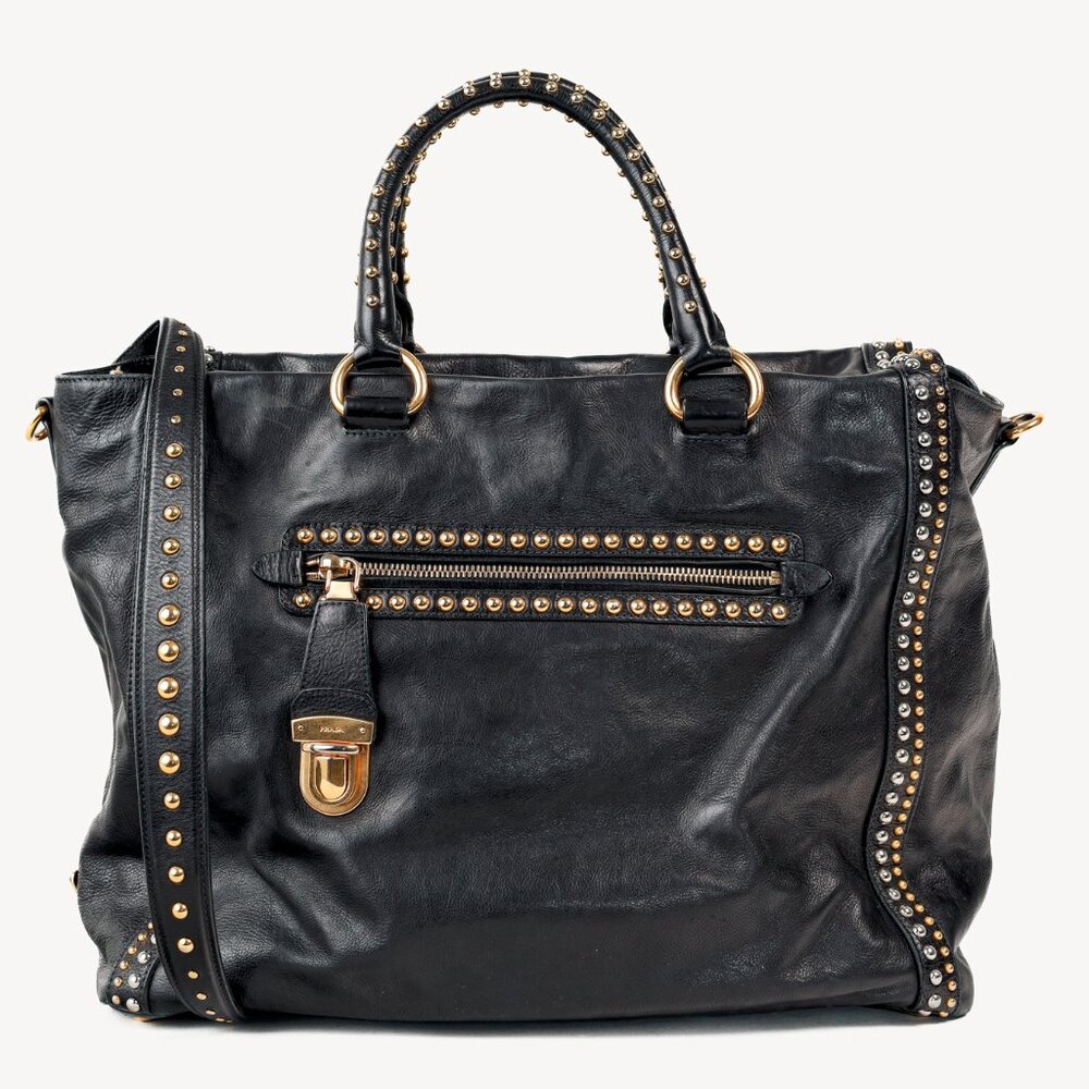 Prada Craquele Nero Glace Calf Leather Studded Shopper Tote